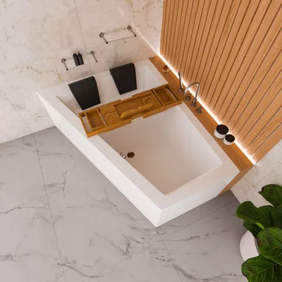 Produktbild von ECOLAM Badewanne Eckbadewanne 180x130 cm links Sfera Wanne für zwei Personen+ Kissen Bambusablage Schürze Füße Ablauf Acrylwanne Zweisitzerbadewanne