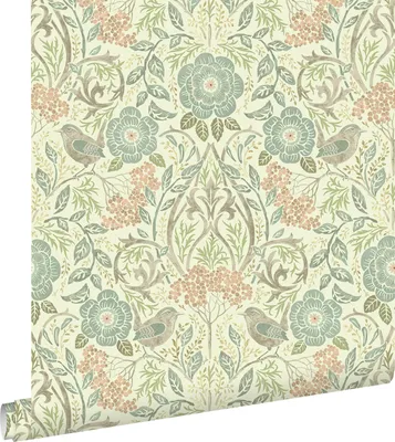 Zdjęcie produktu dla ESTAhome Tapeta kwiaty i ptaki w stylu secesyjnym szaro-niebieskim,brązowymIstarego różu 53 cm x 10.05 m