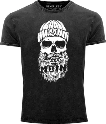 Produktbild von Herren Vintage Shirt Moin Totenkopf Anker Skull Printshirt T-Shirt Aufdruck Used Look Slim Fit Neverless®  schwarz XL