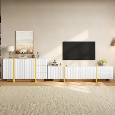 Obrázok produktu pre Sada nábytku do obývačky Merax, zostava pozostávajúca z nízkej komody pod televízor, bočnej komody a TV skrinky, nábytok do obývačky s drážkovanou prednou časťou a úložným priestorom, vyrobený z drevotriesky (PB) a MDF, farba: biela