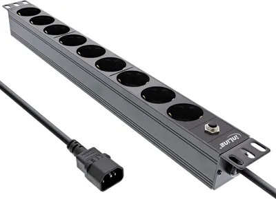 Produktbild von InLine 19" Steckdosenleiste, 9-fach Schutzkontakt, C14 Stecker, Überlastschutz, 9 AC-Ausgänge, C14-Koppler, IEC 320, 2500 W, 1,5 mm², C14-Koppler, Schwarz