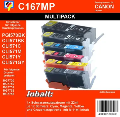 Produktbild von PGI570 & CLI571 Dr. Inkjet Multipack 6 XXL Ersatzpatronen BBCMY+GY - ersetzen PGI570 & CLI571 BCMY + Grau