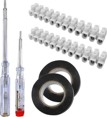 Produktbild von com-four® 6-teiliges VDE Spannungsprüfer Set 110-250V mit Isolierband und 12-polige Lüsterklemme für Haushaltsinstallationen, Kabelsätze & Elektroanschlüsse