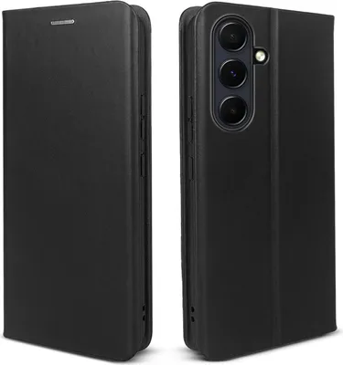 Two views of a black leather flip phone case for a Samsung Galaxy S24 FE.