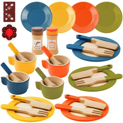 Produktbild von Kindergeschirr Set aus Holz, 30PCS Kinderküchenzubehör, Kindergeschirr Teeservice Set, Küchenspielzeug Rollenspiel Geschenk für Kinder Jungen Mädchen