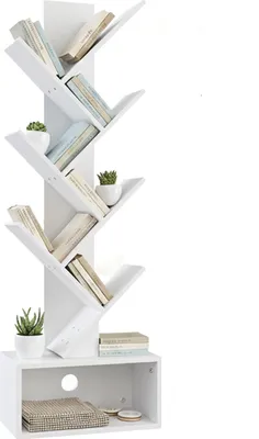 Produktbild von Relaxdays Bücherregal, 6 Ebenen, HBT: 113 x 38 x 20 cm, Baum-Design, Bücher & CDs, mit Stauraum, Wohnzimmerregal, weiß