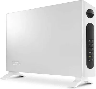 A white Delonghi convector heater is shown against a white background.