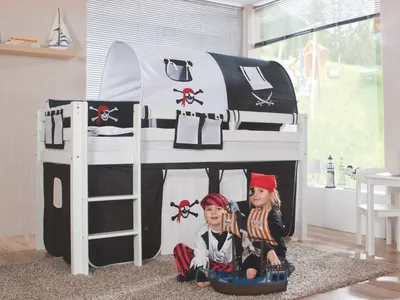 Produktbild von Halbhohes Einzelbett Alex Buche massiv 90x200 cm Weiß lackiert mit Stoff-Set