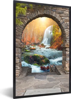 Produktbild von MuchoWow® Gerahmtes Poster Aussicht - Wasserfall - Herbst - Landschaft 60x90 cm - Poster mit Schwarzem Bilderrahmen Wandposter Rahmen Foto Bilder - Kunst