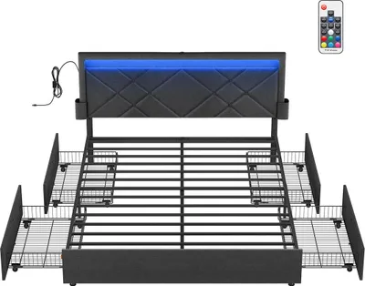 Image de Structure de lit double avec éclairage LED, 4 tiroirs et station de recharge – 210 x 167 x 88,3 cm
