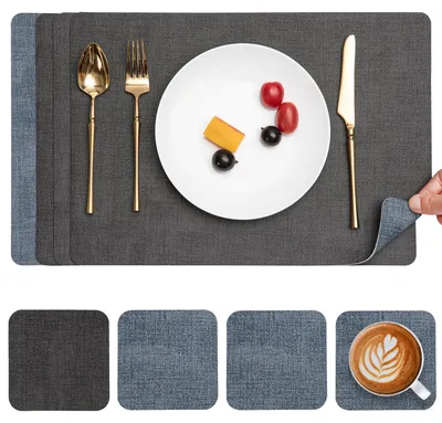 Platzset und Untersetzer aus Kunstleder, 4-teilig, grau-hellblau