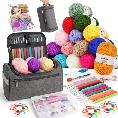 Obrázek produktu pro Začátečnická sada pro háčkování, obsahující 16 klubíček příze a ergonomické háčky