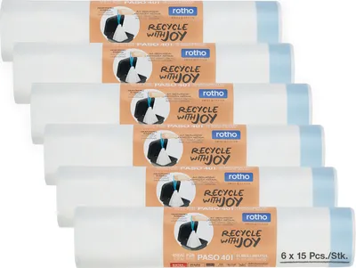 A stack of trash bag rolls with branding and product information.