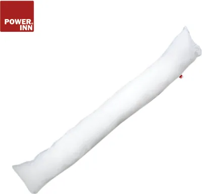 A white, cylindrical pillow is shown diagonally against a white background. A red square logo with white text is in the top left corner.