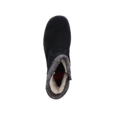 A top-down view of a black boot with a gray knitted cuff and white lining.