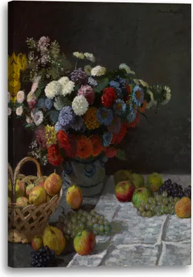 Produktbild von Leinwandbild (70x100cm): Claude Monet - Stillleben mit Blumen und Früchten (1869), echter Holz-Keilrahmen inkl. Aufhänger, handgefertigt in Deutschland