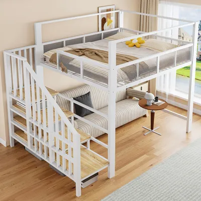 Produktbild von okwish Hochbett 140×200 mit Matratze und Stauraumstufen, Jugendbett Netz-Sicherheitsgitter, Einzelbett in Weiß
