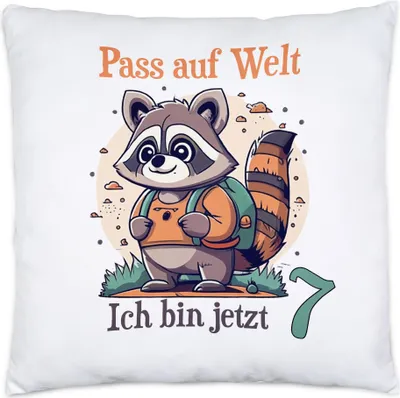 Produktbild von Pass auf Welt ich bin 7 Kissen inkl. Füllung Geburtstags-Kind Waschbär