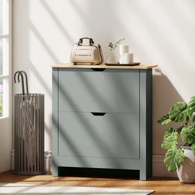 Produktbild von SUGIFT verstellbare Trennwand, Schuhschrank mit 2 Klappfächern, Spanplatte, Hellgrau  |  Kippsicherung  |  8–12 Paar  |  72 x 26 x 80 cm