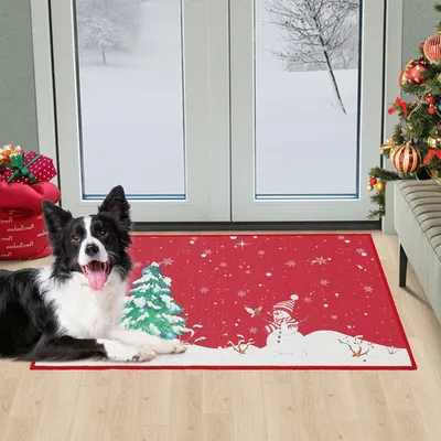 Produktbild von Weihnachts-Fu?matte 50 ¡Á 80 cm, Waschbare Tš¹rmatte mit Schneemann-, Tannenbaum- und Schneeflocken-Motiv, Rutschhemmende Gummirš¹ckseite, Polyester, Rot