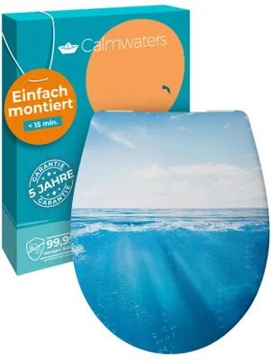 Produktbild von Calmwaters® WC Sitz Motiv Meeresglanz einfache Montage, Toilettendeckel bis 250 kg,  EU, antibakterieller Duroplast, Absenkautomatik, 2 Montage Optionen, abnehmbar, Klobrille, oval