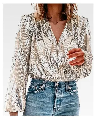 Produktbild von Glitzernde Oberteile für Damen mit Pailletten, V-Ausschnitt, elegantes Slim Fit Langarmshirt, festliche Bluse für Cocktailpartys, Party- und Streetwear, Silvester-Outfit