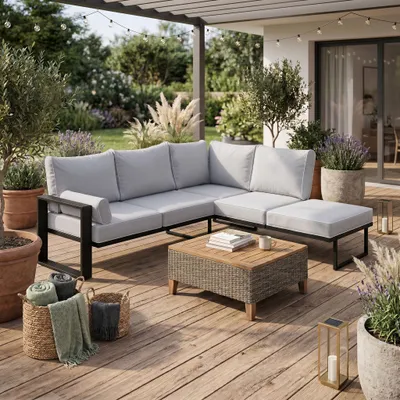 Produktbild von BEAUTYSOFA | VERDINO Gartenecke Grau 2R2 Offen – Garten Lounge Ecke wetterfest mit Metallrahmen, Outdoor Ecksofa, SIMAX 03, KI-generiertes Bild