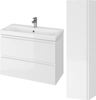 Produktbild von BADLAND Badmöbel Set MODUO SLIM 80 Waschbecken-Unterschrank, Hochschrank 160x40x34, Türen mit Spiegel, Weiß