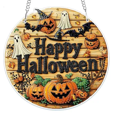 Image de Kit de loisirs créatifs pour créer des décorations d'Halloween : pendentifs "peinture diamant" sur le thème des citrouilles et des fantômes, pour créer des décorations de fenêtre
