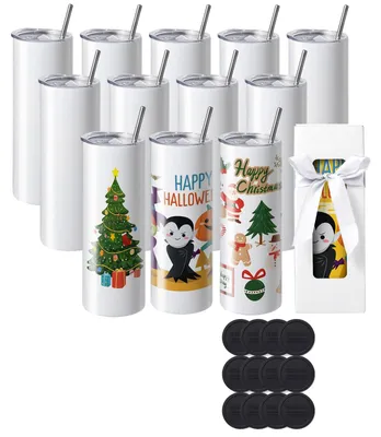 Productafbeelding van VEVOR 12-delig set rechte sublimatiebekers, 591,5 ml, blanco bekers, roestvrijstalen dubbelwandbekers met rietje, deksel, borstel, bodemplaat, krimpkous, cadeauverpakking, geschikt voor warmtepers en warmteoverdracht