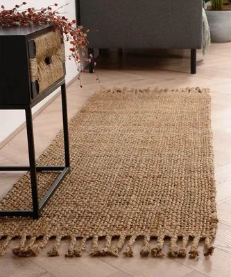 Imagen del producto de Unyqoos® Alfombra de yute "Chunky Boho & Me", color natural, 70x200 cm – Tejida a mano, 2 kg/m², 8 mm de grosor, resistente y con flecos