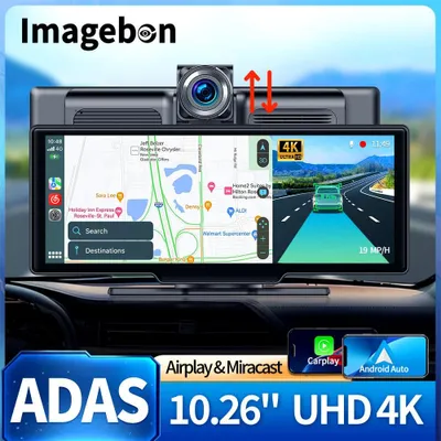 Obrázek produktu pro 10,26palcová 4K palubní kamera s funkcemi ADAS, bezdrátové CarPlay a Android Auto, GPS navigace, 24hodinový parkovací monitor, noční vidění a zpětné zrcátko
