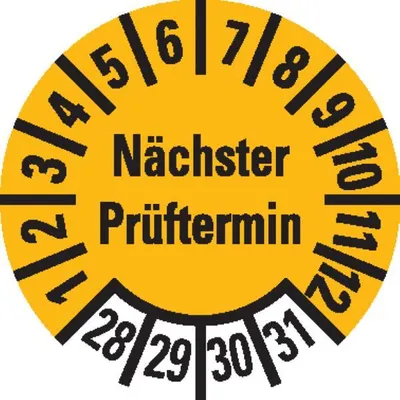 Produktbild von Dreifke® Prüfplakette, Nächster Prüftermin 28-31, gelb, Dokumentenfolie, Ø 10...