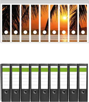 Produktbild von Wallario 9 Stück breite Ordner inkl. Klebeetiketten mit Motive Sonnenuntergang unter Palmenblättern -  Set mit Rückenschildern / Ordnerrücken Stickern