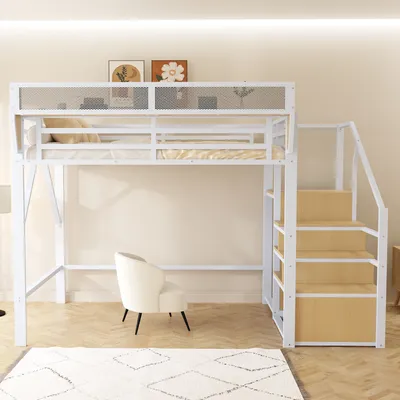 Obrázek produktu pro okwish dětská postel 140x200, podkrovní postel s bezpečnostním žebříkem a úložným prostorem, patrová postel s bezpečnostní ohrádkou, bez matrace, bílá