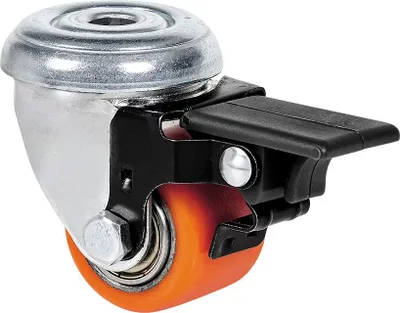 Produktbild von Schwenkrad mit Loch und Bremse, Kugellager, orangefarben, max. Tragfähigkeit 100 kg, ø 3,5 cm