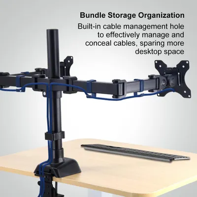 Image de Support pour deux écrans en alliage d'aluminium avec rotation à 360°, compatible avec des écrans de 17 à 32 pouces ; bras réglables pour un seul écran, idéal pour les bureaux à domicile
