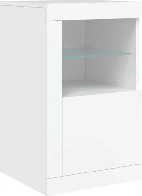 A white bedside table with a glass shelf and a drawer.