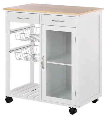 Produktbild von Servierwagen aus Holz in Weiß mit 2 Schubladen, Schrank und 2 Metallkörben auf Rollen