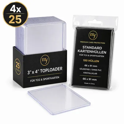 Produktbild von Toploader 3" x 4" Sammelkarten 100 Stück (4x25) 35pt Transparent Kartenhüllen 76x102 mm inklusive 100 Sleeves