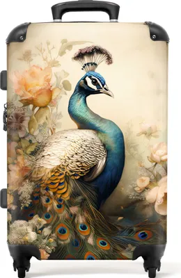 Obrázek produktu pro NoBoringSuitcases.com® Velký kufr - Peacock - Peacock Feathers - Flowers - Botanical - Combination Lock TSA - Hard Shell Trolley 4 Wheels - 72 litrů - Cestovní kufr - 66 cmKufr Medium 67x43x25 cm, 72L,