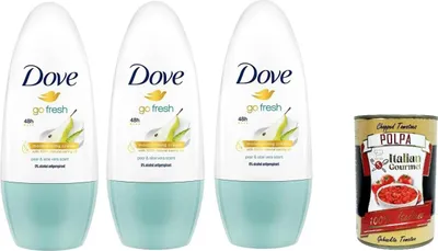 Produktbild von Dove Go Fresh Aloe und Birne Deodorante Roll-On,48h Schutz Deodorant 3x 50ml + Italian Gourmet polpa 400g