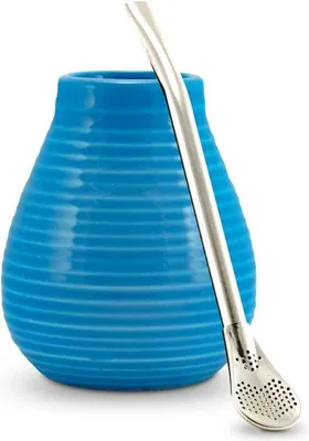 Produktbild von Famanu Yerba Mate Tee Set Keramischer Matebecher + RVS Bombilla - Blau