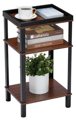 Obrázok produktu pre Príkonový stolík, industriálny dizajn, 3 úrovne, vysoký okraj, tmavohnedá farba imitujúca drevo, kovová konštrukcia, rozmer 61 x 34 x 28 cm