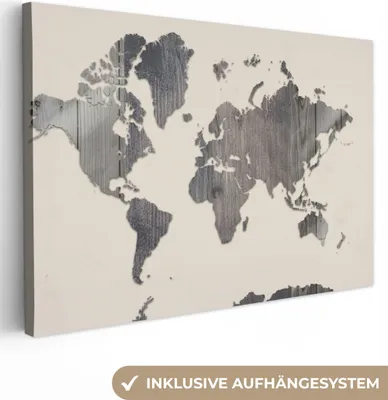 Produktbild von OneMillionCanvasses® - Leinwandbilder - 140x90 cm, Weltkarte - Holz - Grau, Wandbilder Kunstdruck Wanddekoration
