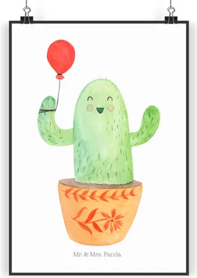 Produktbild von Mr. & Mrs. Panda Bild Kaktus Luftballon DIN A4 - Weiß - Geschenk, wanddeko, Freundin, Büro, Ausbildung, Wandbild, Plakat, Stress, drucke, Kakteen, wandkunst