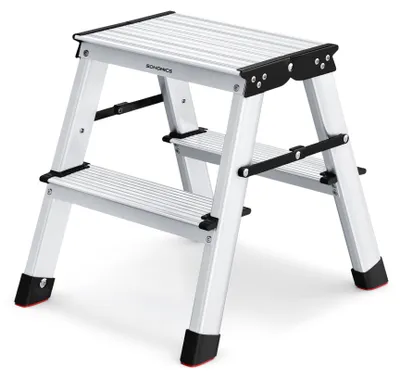 Produktbild von SONGMICS Leiter, Trittleiter, Aluleiter mit 2 rutschfesten Stufen, klappbar, Stehleiter, Mehrzweckleiter, bis 150 kg belastbar, Silbergrau-tintenschwarz GLT012E01