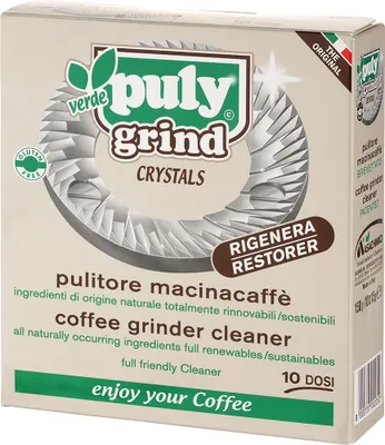 Packaging for coffee grinder cleaner crystals.