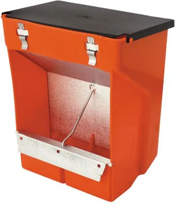 An orange plastic feeder for rabbits and guinea pigs with a black lid.