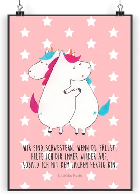 Produktbild von Mr. & Mrs. Panda Bild Einhörner Umarmen DIN A3 - Rot Pastell - Geschenk, Liebe, Wandbild, typografie poster, wanddeko, Einhorn, Unicorn, Familie, Schwestern, Freundinnen